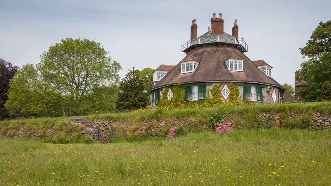 View of the House at A la Ronde, Devon, from the meadow, depicting the monkey puzzle trees.